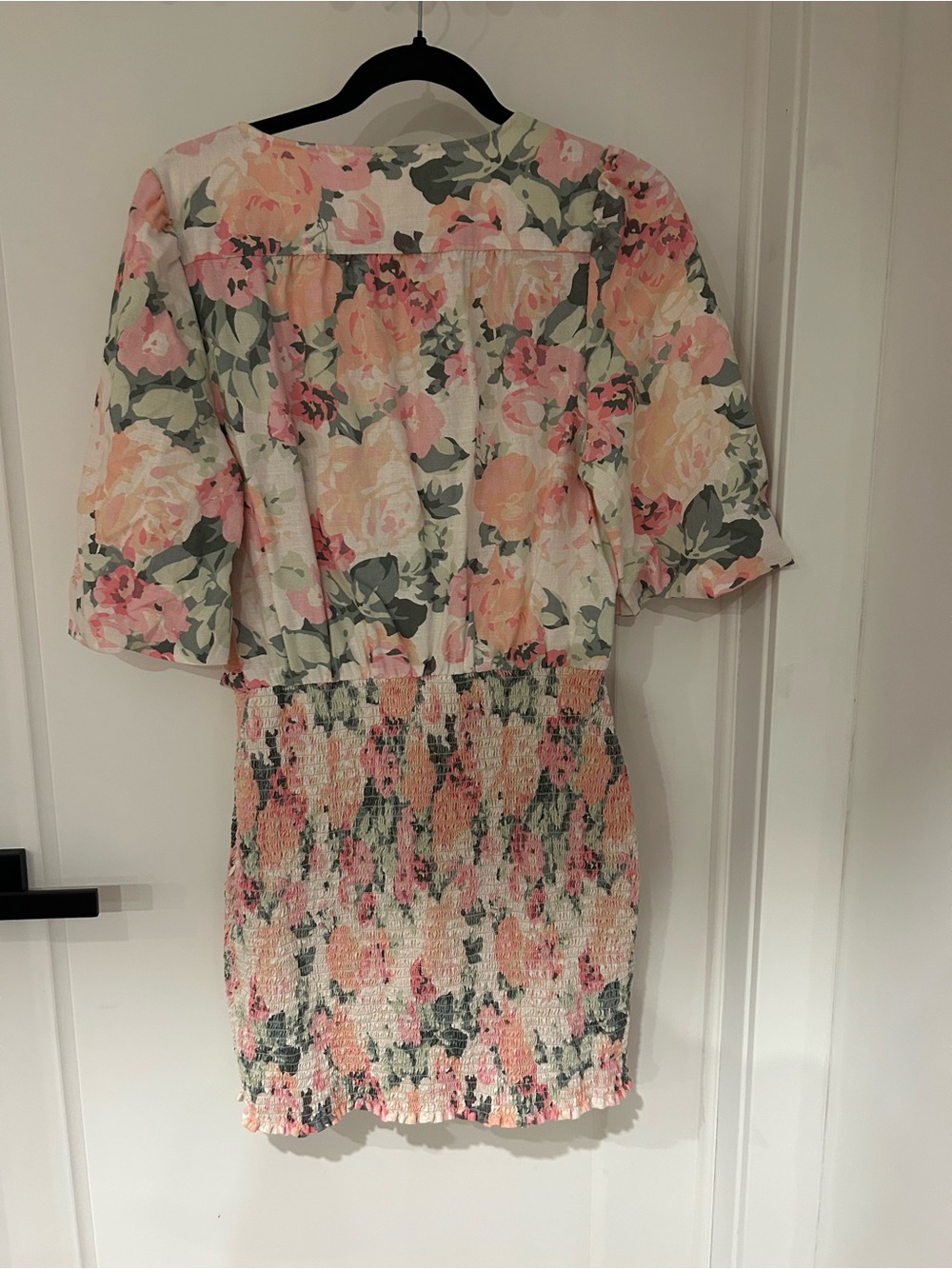 Sezane "Olga Floral" V-Neck Mini Dress with Puff Sleeves Linen Blend - Picture 8 of 9